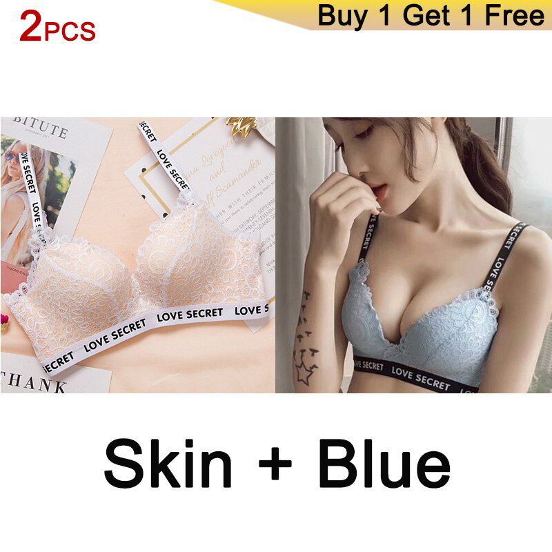 DERUILADY 2PCS Lace Floral Letter Straps Bra Women Plus Size  Lingerie Comfort Adjusted Wireless Bralette Push Up Bra Female