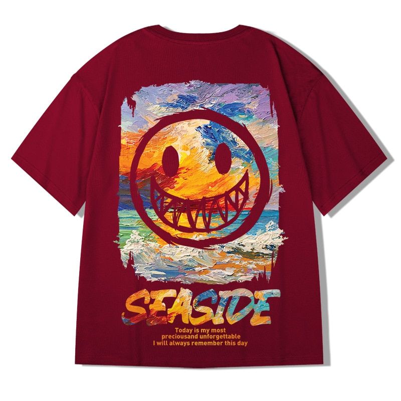T Shirt Streetwear Men Oversize Hop T-Shirt Smile Print Harajuku Tshirt Summer Short Sleeve Cotton Loose Tops Tees