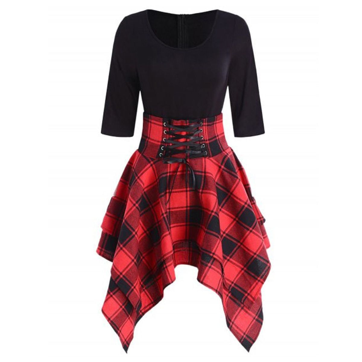 Womens Dresses PuGothic Plaid Patchwork Lace Up Dress Short Sleeve Irregular Dress Summer Feminina Vestidos Mujer Plus Size