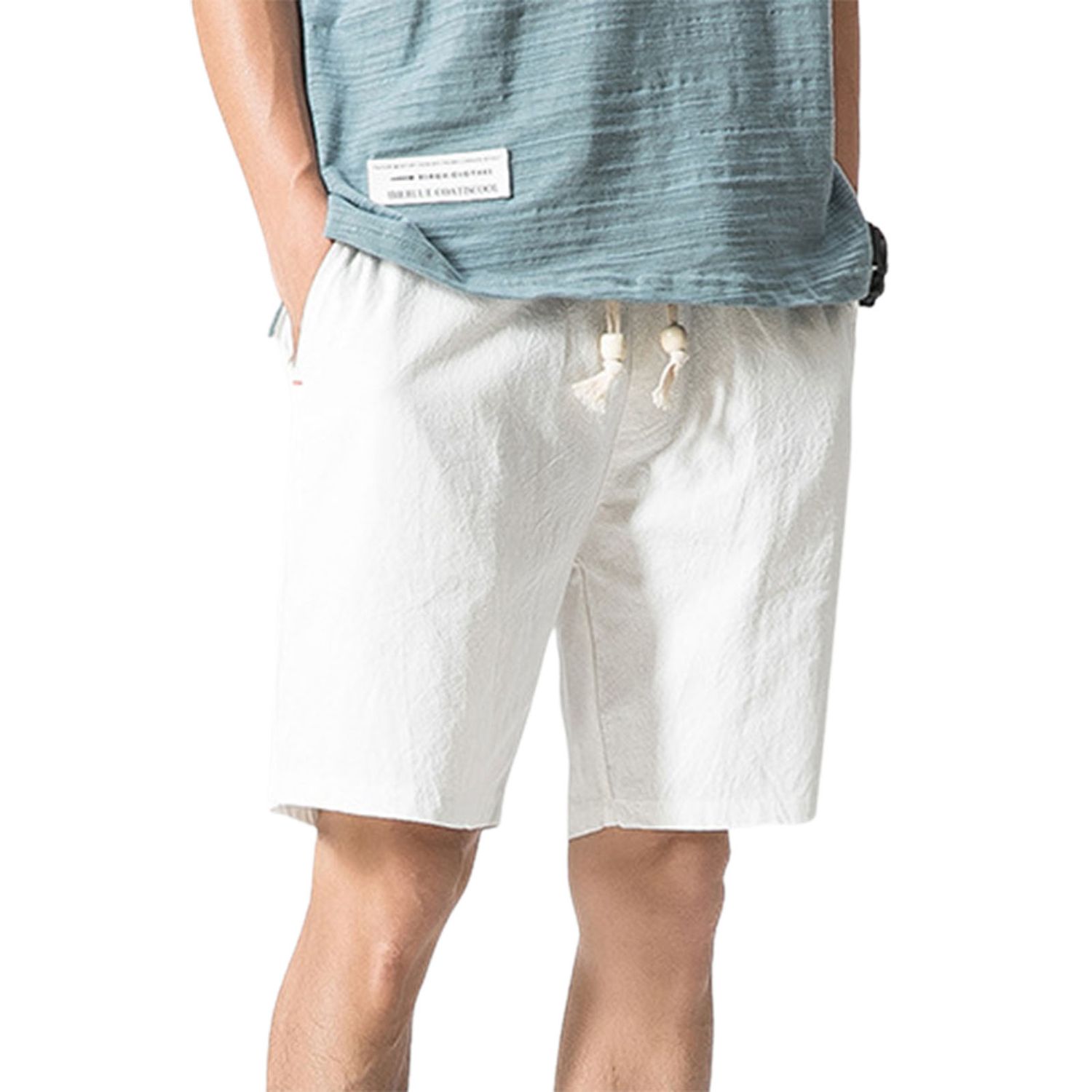 Men Shorts Solid Color Drawstring Summer Loose Mid Rise Pockets Shorts for Fitness