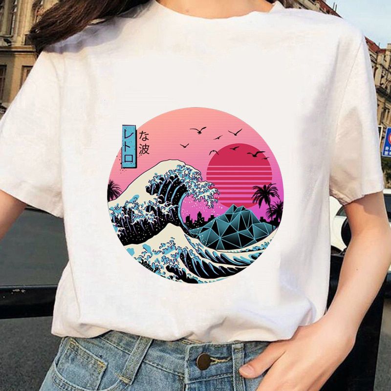 2021 The Great Wave of Aesthetic T-Shirt Women Tumblr 90s And So It Is Ocean Fashion Graphic Tee Cute Summer Tops Casual T Shirt