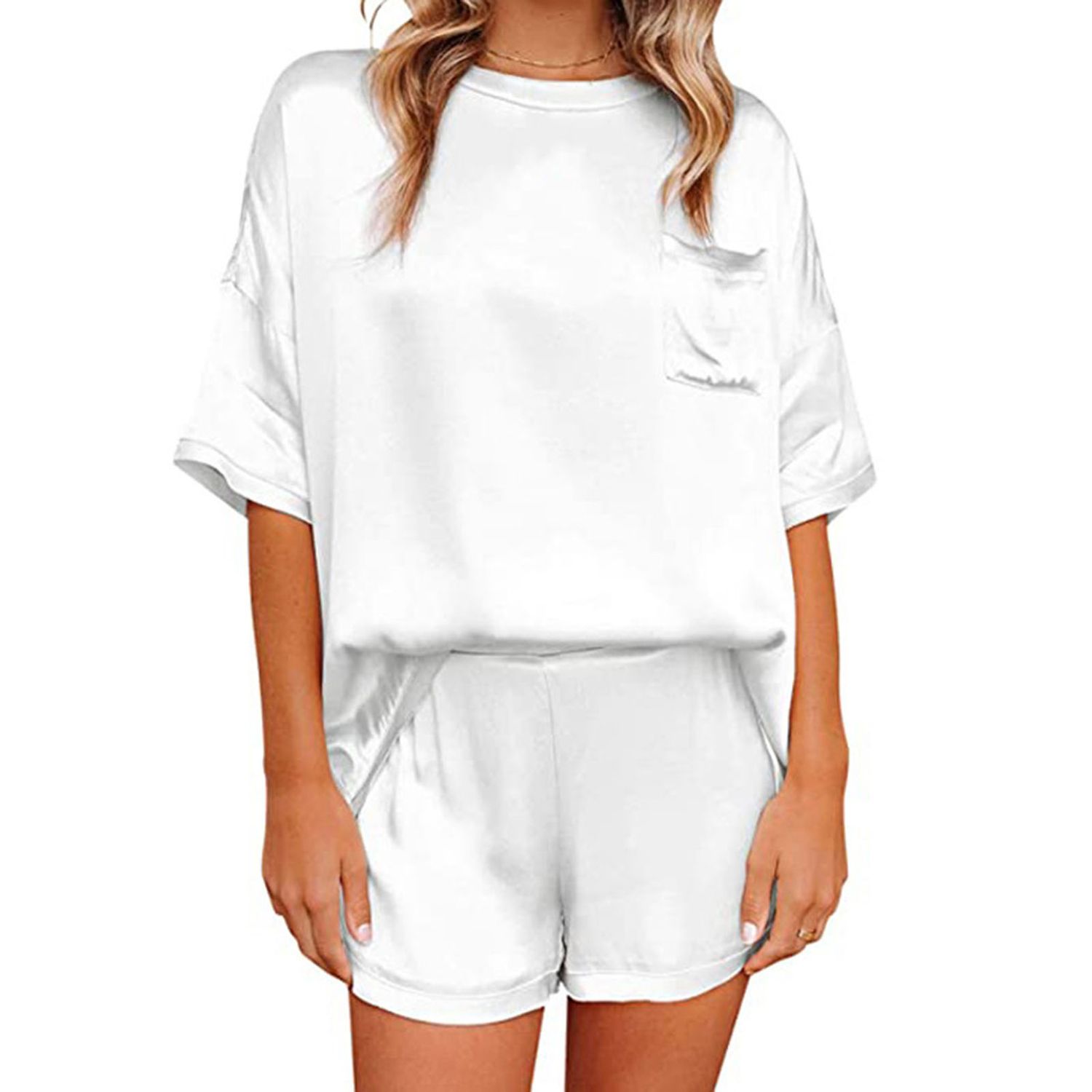 Women Satin Solid Color Short Sleeve Top Shorts Nightwear Pajama Set for Bathroom