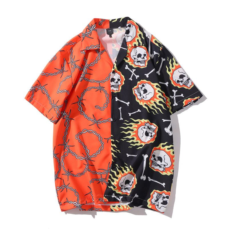 Vintage Shirt New Summer Men Hawaiian Short Sleeve Shirt Mens Casual Lightning Skeleton Print Beach Shirts Man Oversized Hemd