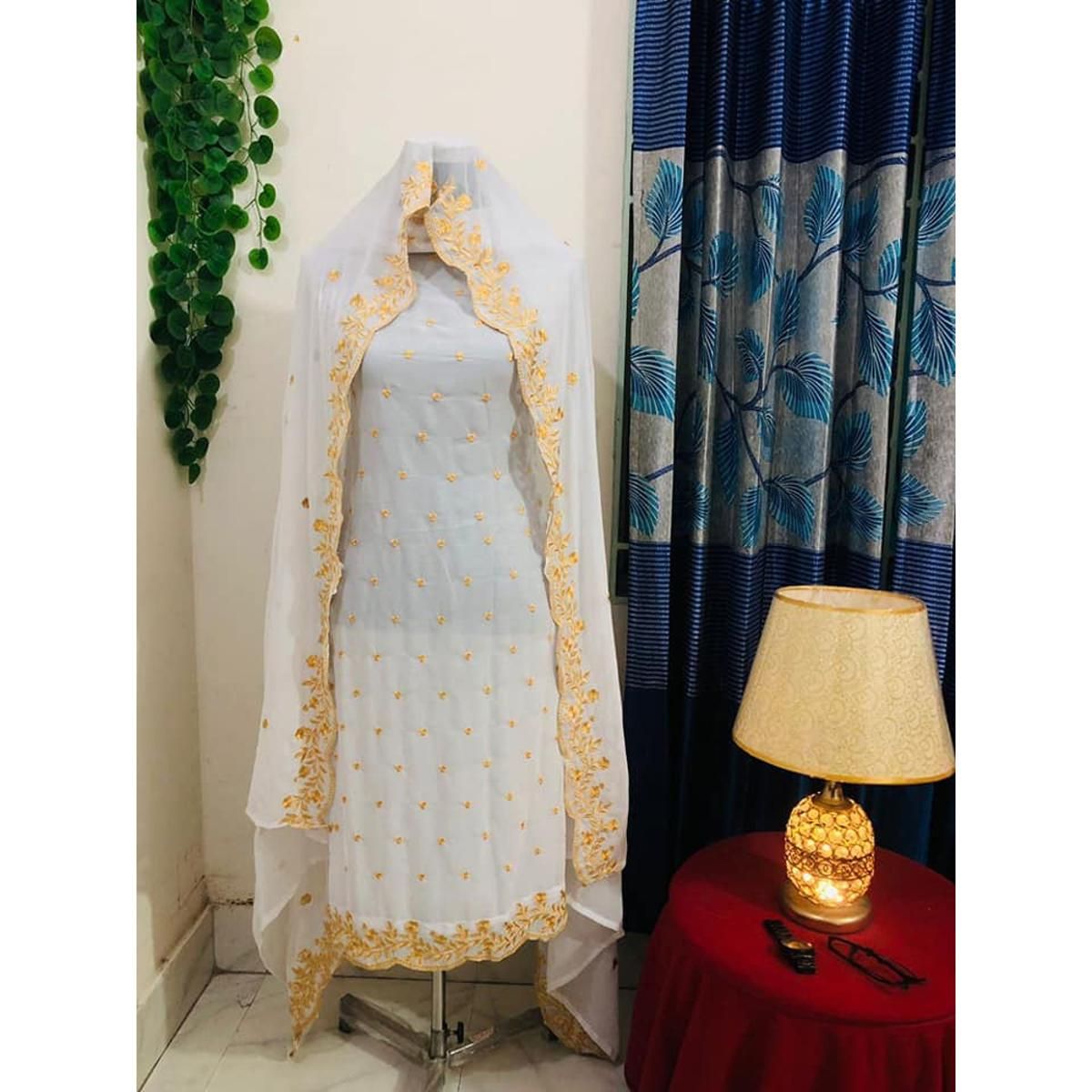 Indian Weightless Georgette Three Pice White Color High Quality Embroidery Work
