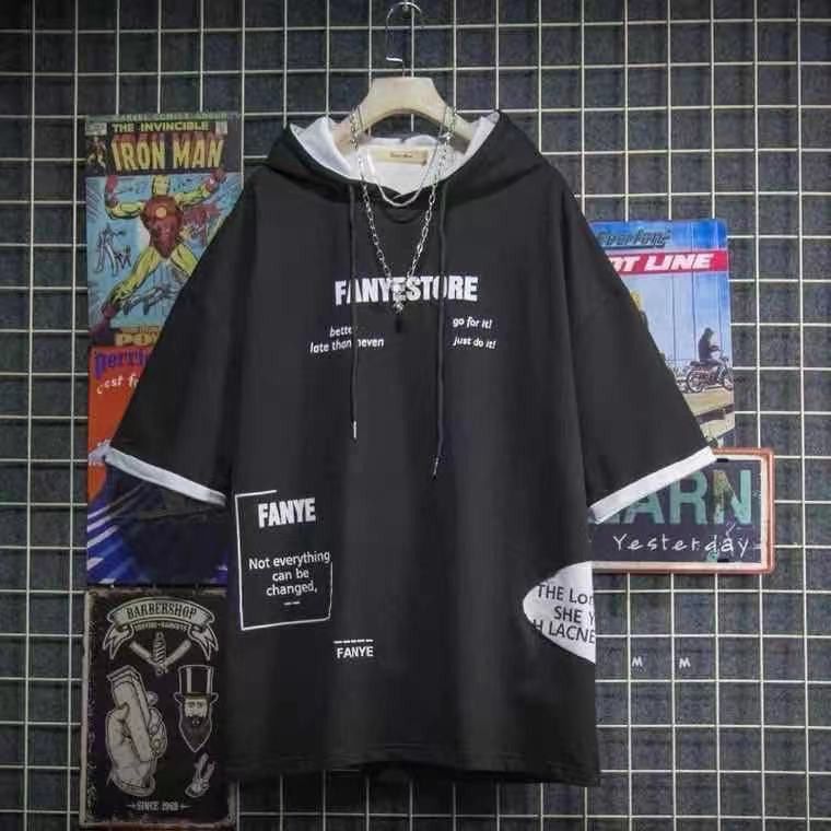 Men T-shirt Korean Hooded T-shirt Fashion Harajuku Short Sleeve Top Graphic T Shirts Mens Summer Print Men Clothing
