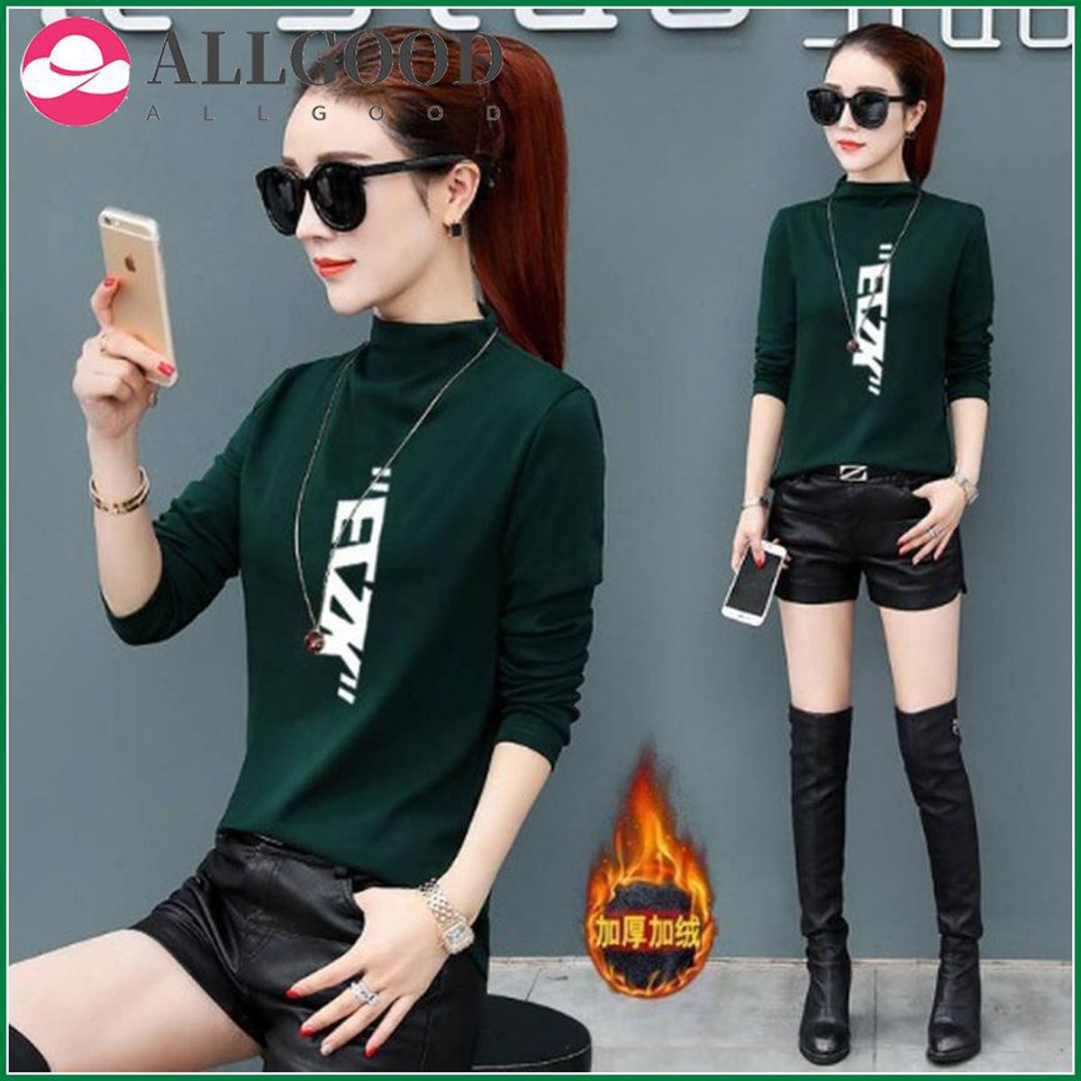 Autumn and winter new half high collar Plush long sleeve T-shirt women's top coat t shirt christmas shirt plus womens harajuku