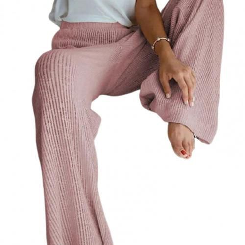Elegant Solid Ribbed Knitted Pants High Waist Elastic Waistband Knitted Trousers Women Solid Color Wide Leg Slacks Trousers