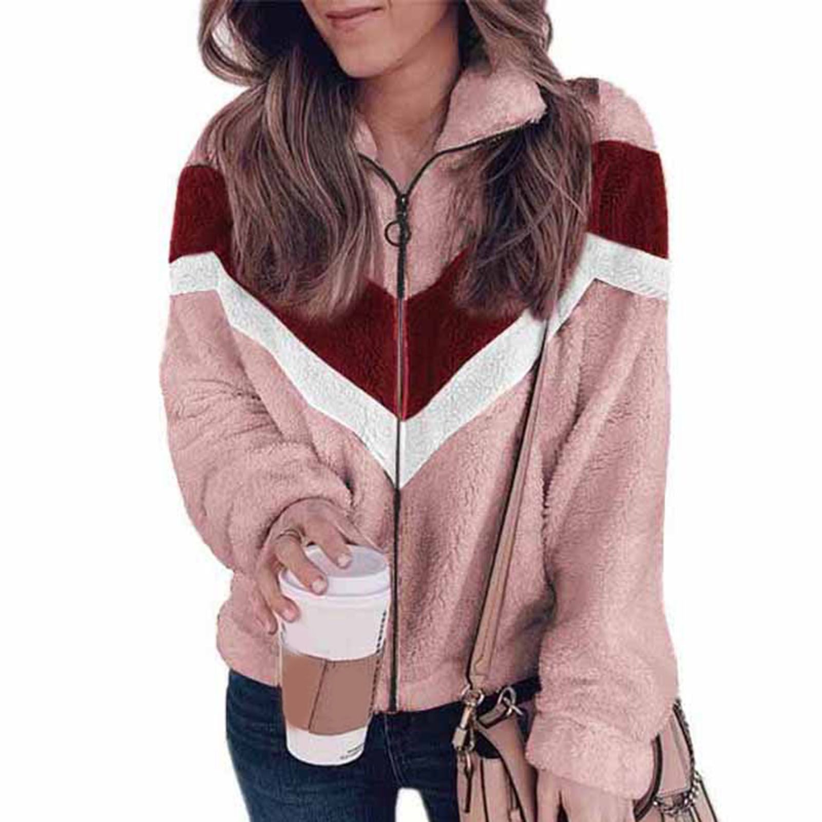 Fleece Jacket Turtleneck Side Pockets Color Block Fluffy Jacket