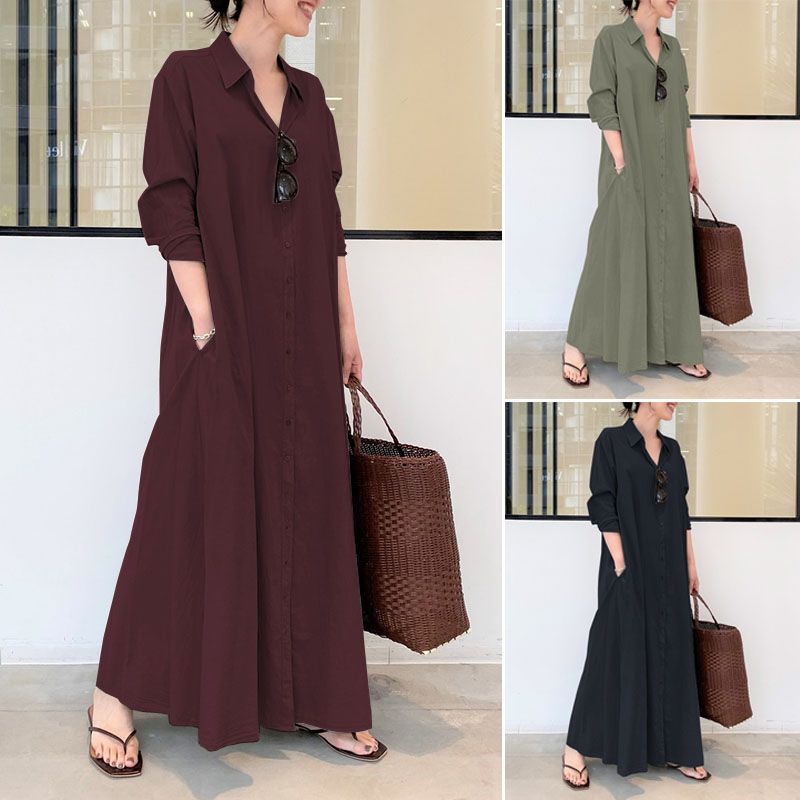 ZANZEA Women Summer Cotton Kaftan Abaya Ladies Side Pockets Long Maxi Dress HOT