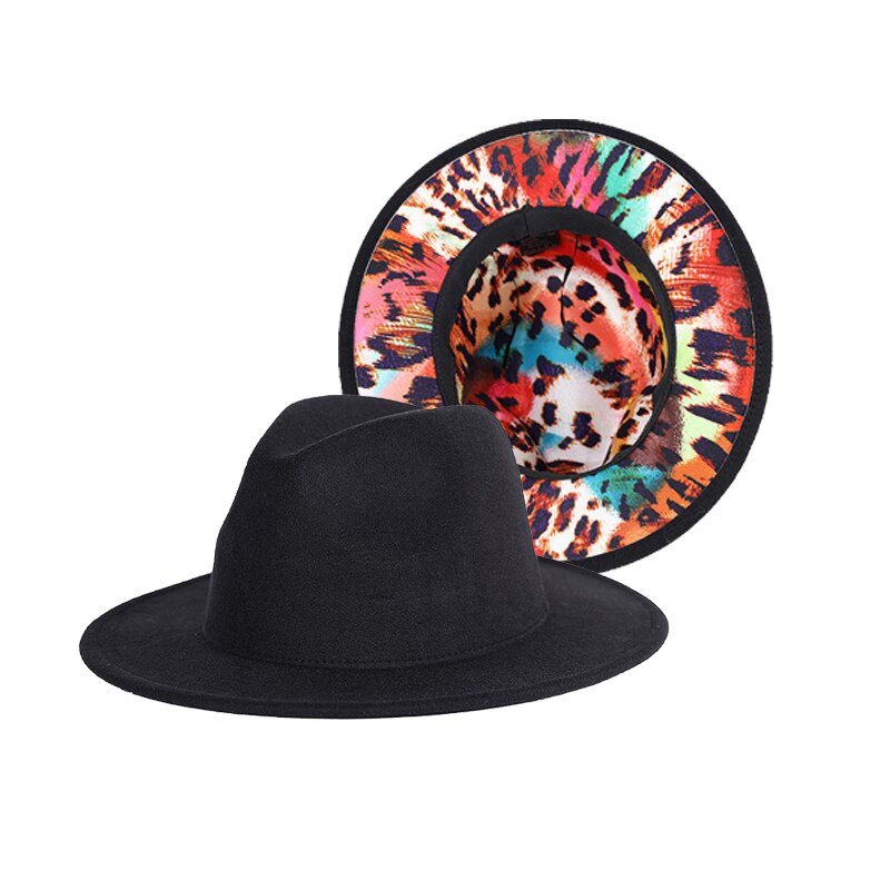 2021 NEW Leopard Black Patchwork Felt Hat Women Men Wide Brim Wool Jazz Fedora Hat Panama Trilby Cap Trend Gambler Hat Wholesale