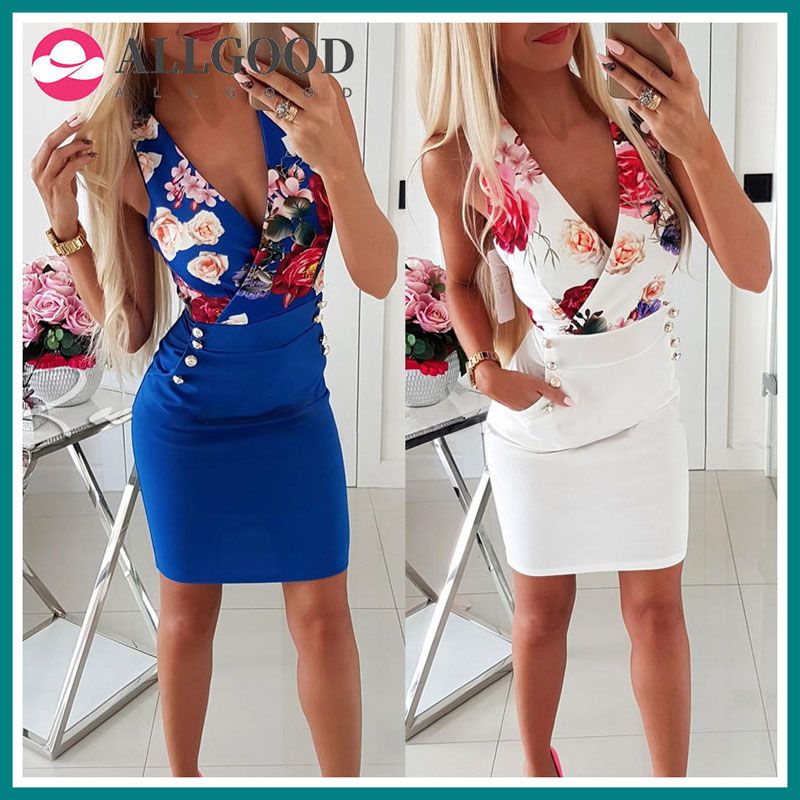 White Low Cut V Neck Floral Print Women Vestidos Blue Bodycon Dress Summer  Mini Package Hips Dresses Sexy Office Dress Lady