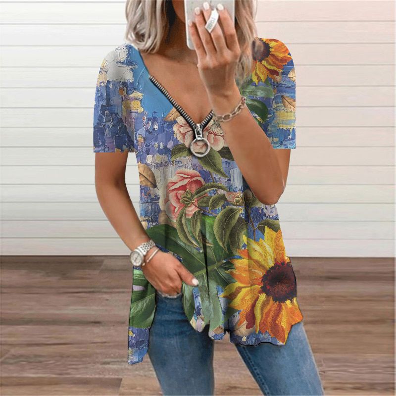 Zipper Ladies T-Shirt Oversized Print Short Sleeve V-Neck Top Tee 2021 Summer New Womens Clothing Casual Loose Pullover Tunic