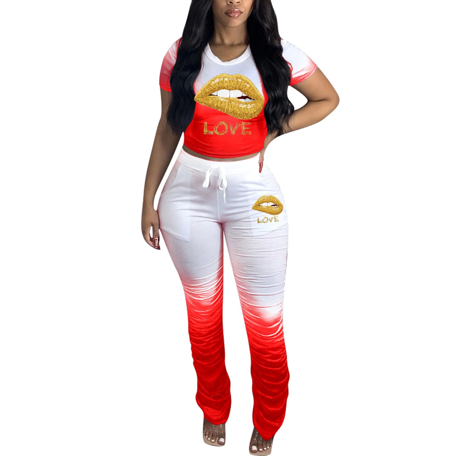 Women 2 Pcs Tie Dye Clothes Sets, Round Neck Printed Short Sleeve T-shirt + Drawstring Long Pant Clothes Sets