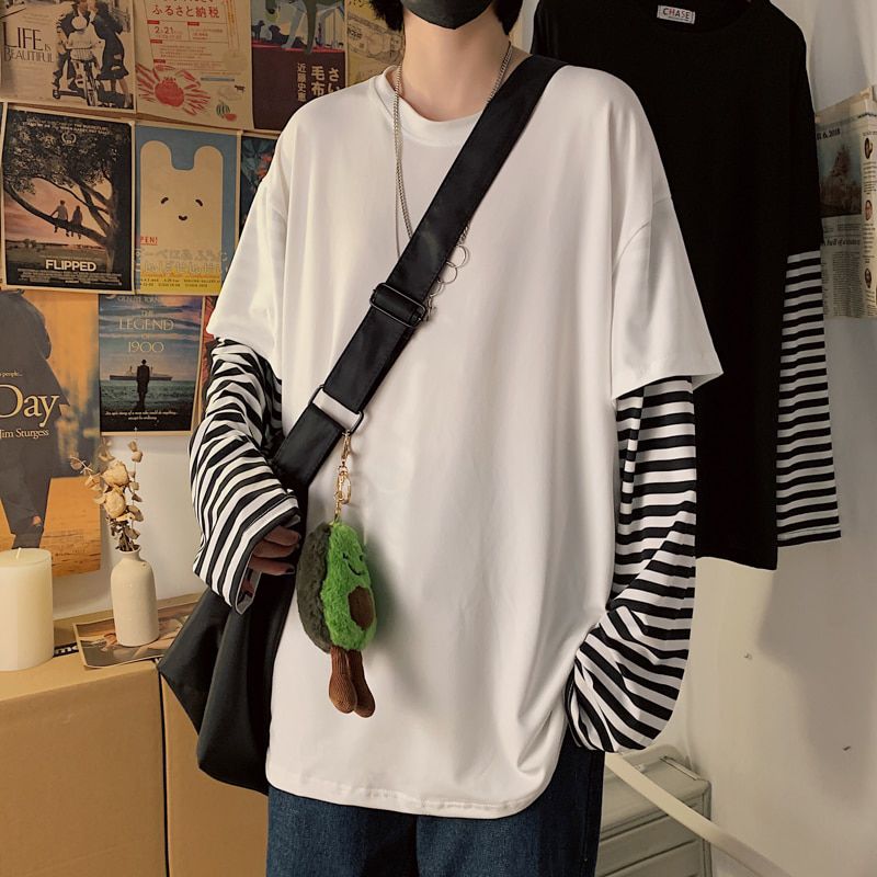 Men Long Sleeve T-shirts Fake Two Pieces Leisure Chic Striped Patchwork Ulzzang Spring Korean Style BF Loose Tshirts Teens Retro