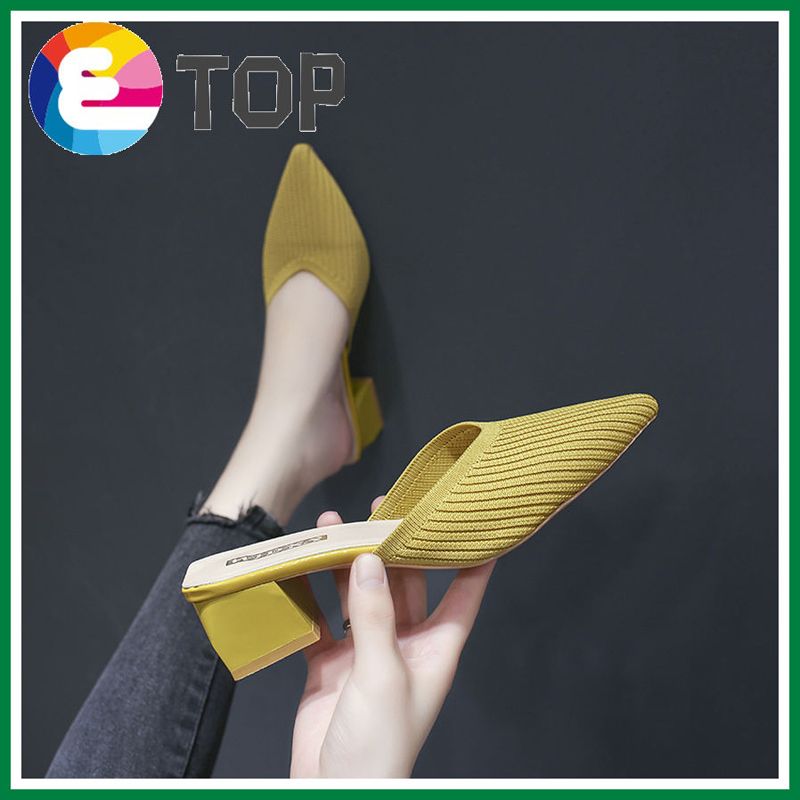Women Summer Half Slippers Closed Toe Pointy Knitting Thick Heel Mules
