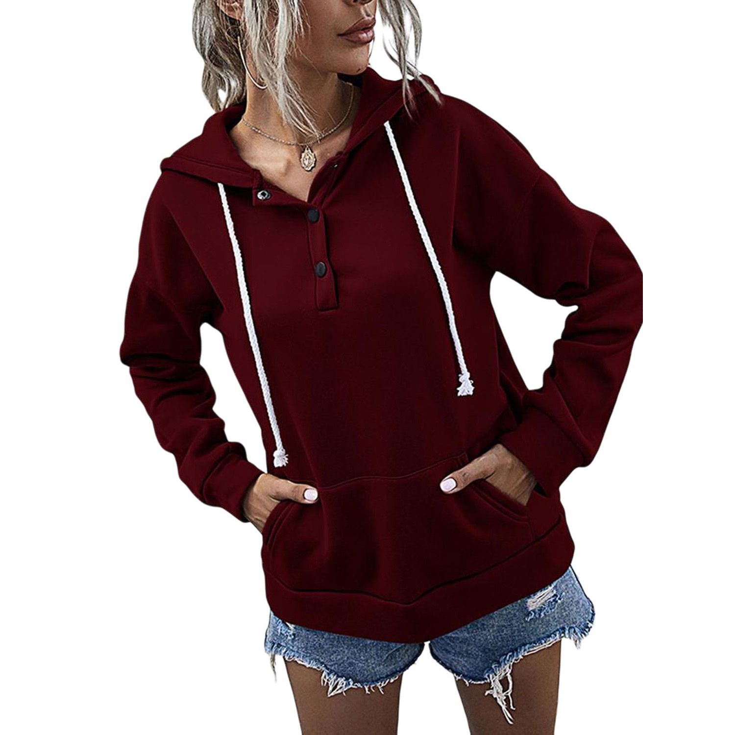 Women’s Casual Long-sleeved Sweater Fashion Solid Color Button Round Neck Loose Hooded T-shirt
