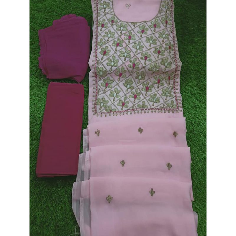 Pink Color Indian Unstitched Georgette Embroidery & Puthi Work 3 Piece Salwar Kameez For Women Three Piece