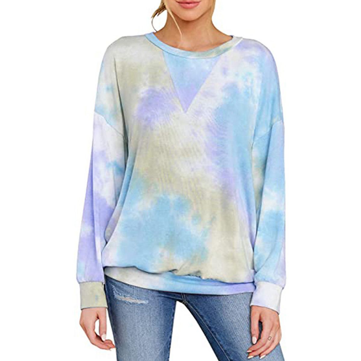 New Women Tie Dye Print T-shirt, Long Sleeve Round Neck Pullover Casual Style Sweater