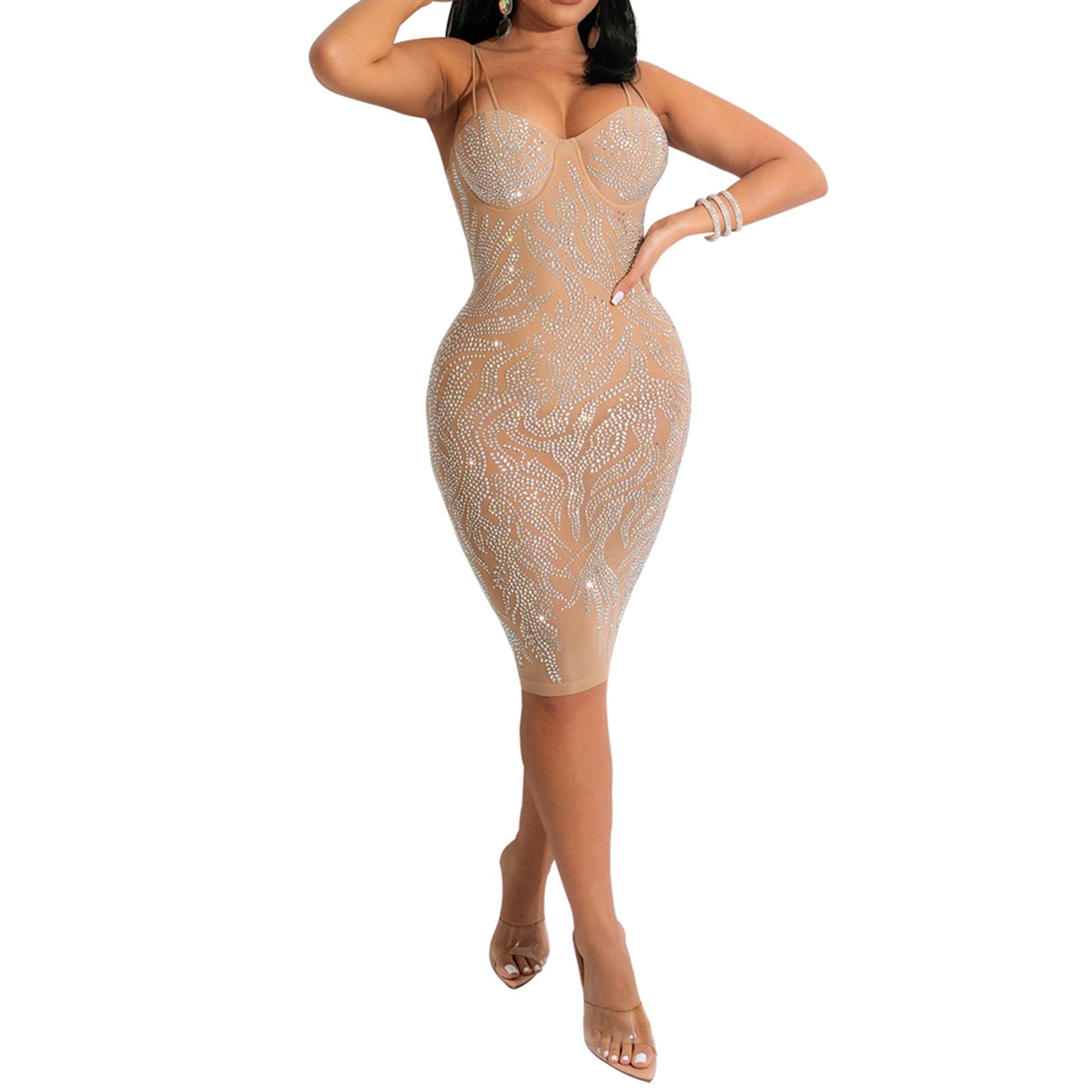 Women Bodycon Dress, Drilling Decor Spaghetti Straps Back Zipper See Through One Piece Skirt with Lining