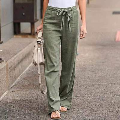 Women's Pants Casual Solid Color Cotton Linen Long Straight Pants High Waist with Belt Wide Leg Pants Trousers