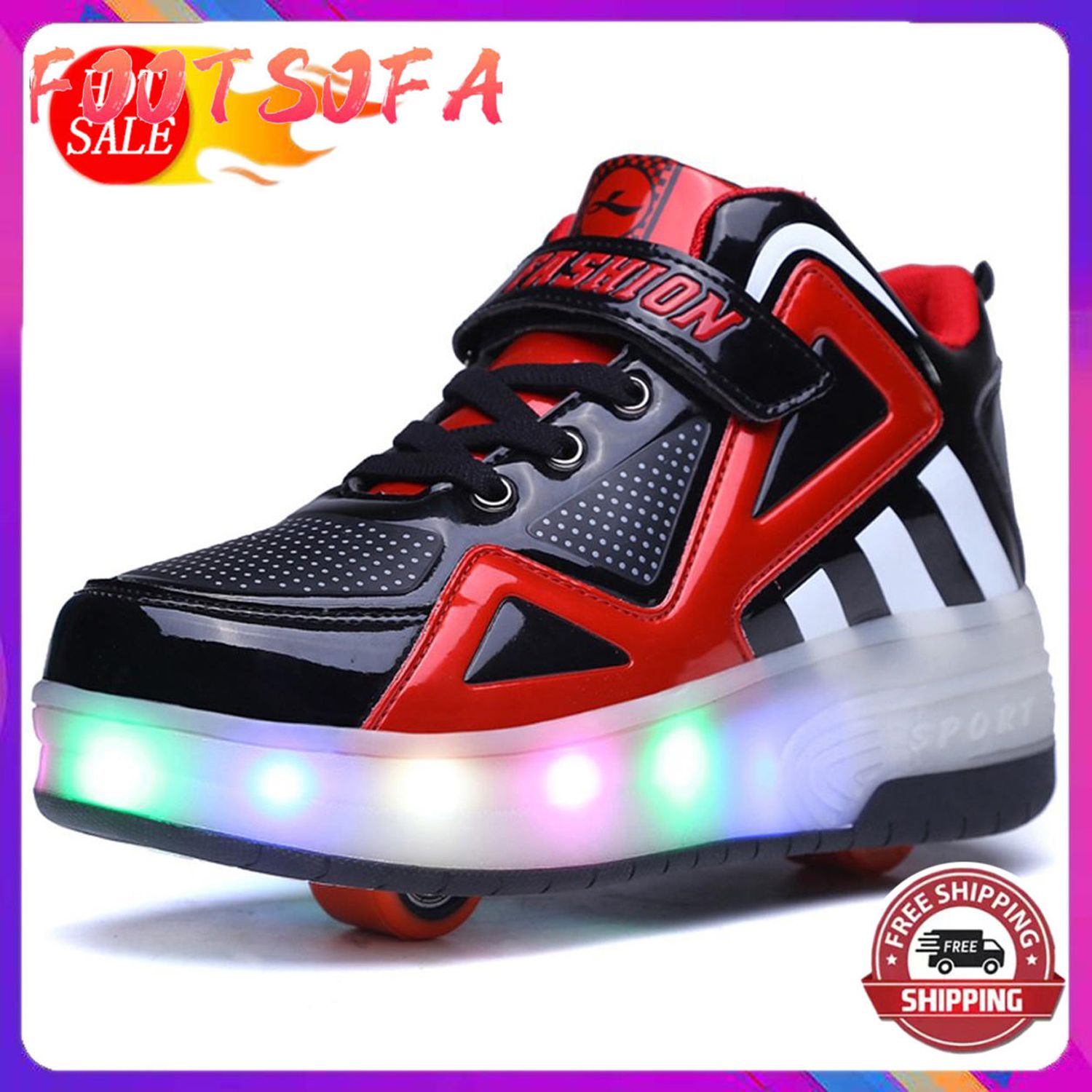 Kids Boys Girls High-Top Shoes LED Light Up Sneakers Double Wheel Roller Skate Shoes(Black) - intl