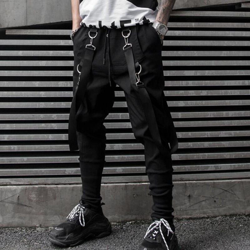 Men multi pockets hip hop punk harem pants ribbons street wear man casual joggers elastic waist cargo trousers techwear