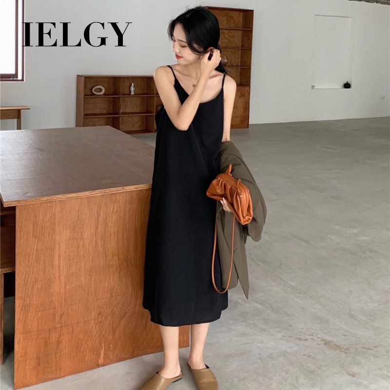 IELGY new female Korean version loose and versatile solid color v-neck sleeveless suspender skirt over the knee mid-length dress