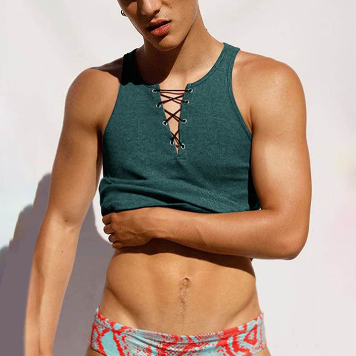 Summer Men TaTop Casual Sleeveless Vest Tops S Solid Lace-up Design TaTops