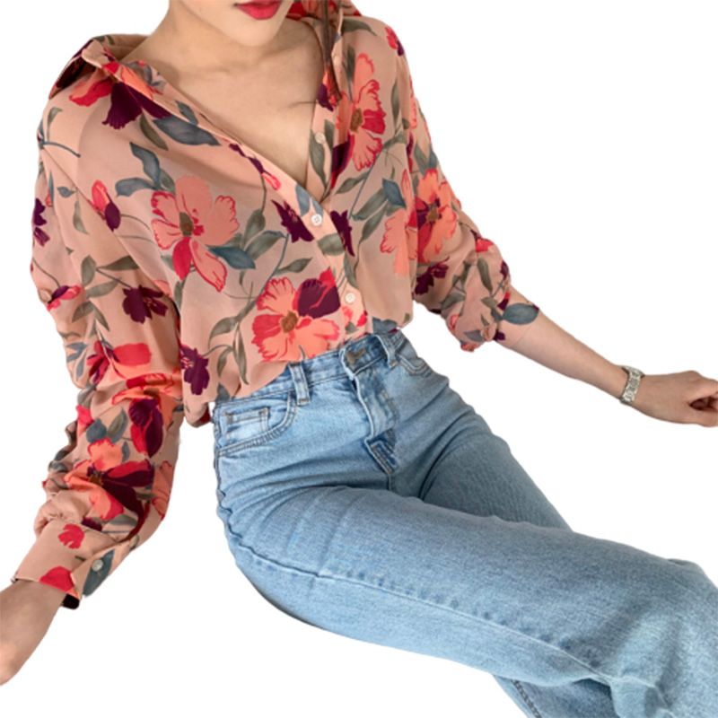 Women's Shirt Suits For Spring Summer Season With hin Long Sleeved Floral ffon Set