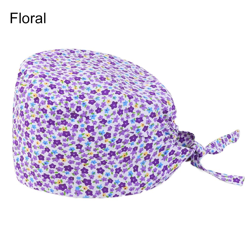 Floral Letter Print Dust Proof Chef Scrub Cap Round Bouffant Adjustable Hat