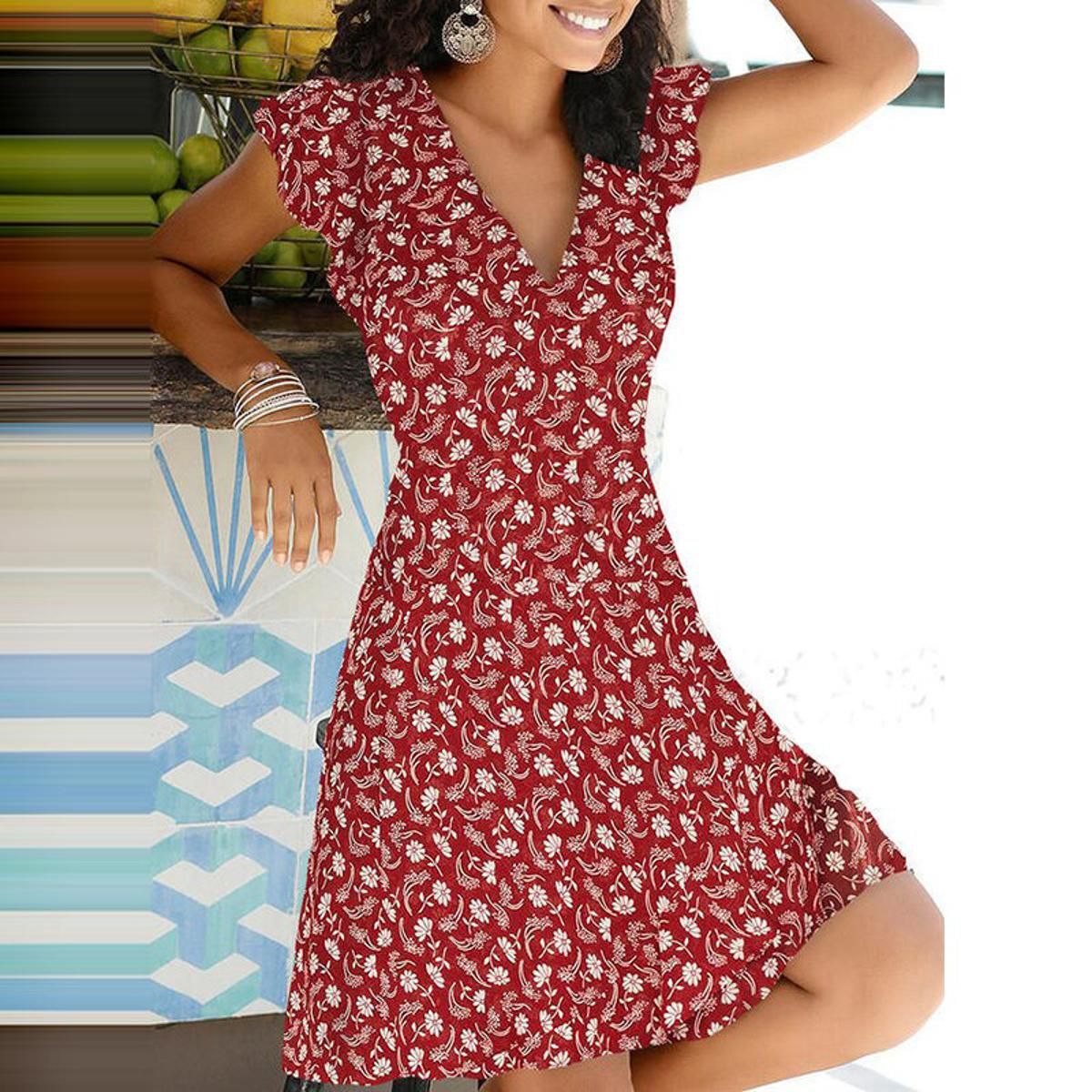 Spring Summer 2021 New Casual Floral Print V Neck Pullover A-line Dress Fashion Short Sleeves Elegant Office Lady Party Vestidos