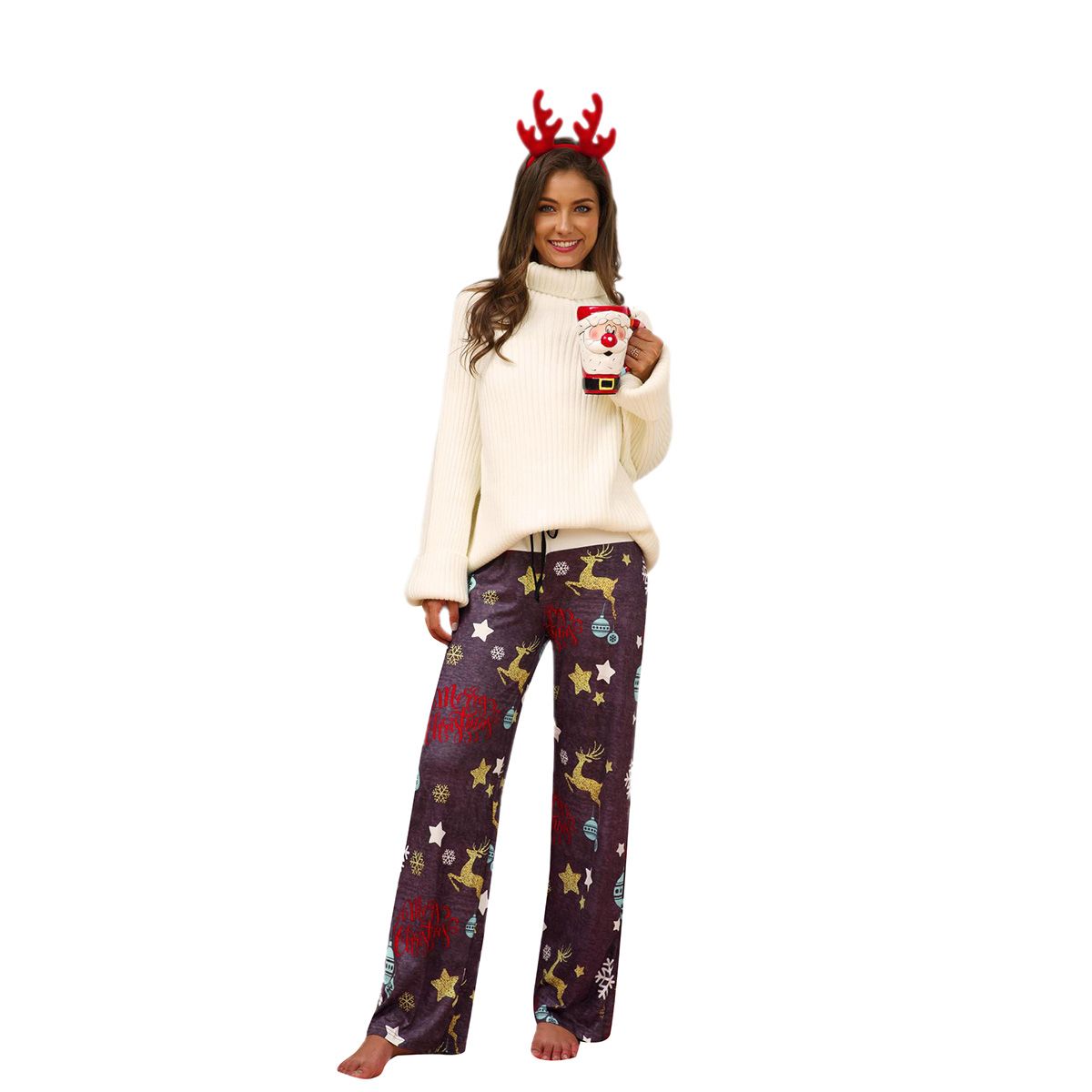 2021 New Women's Comfy Casual Pajama Pants, Christmas Printed Drawstring Palazzo Lounge Pants Wide Leg