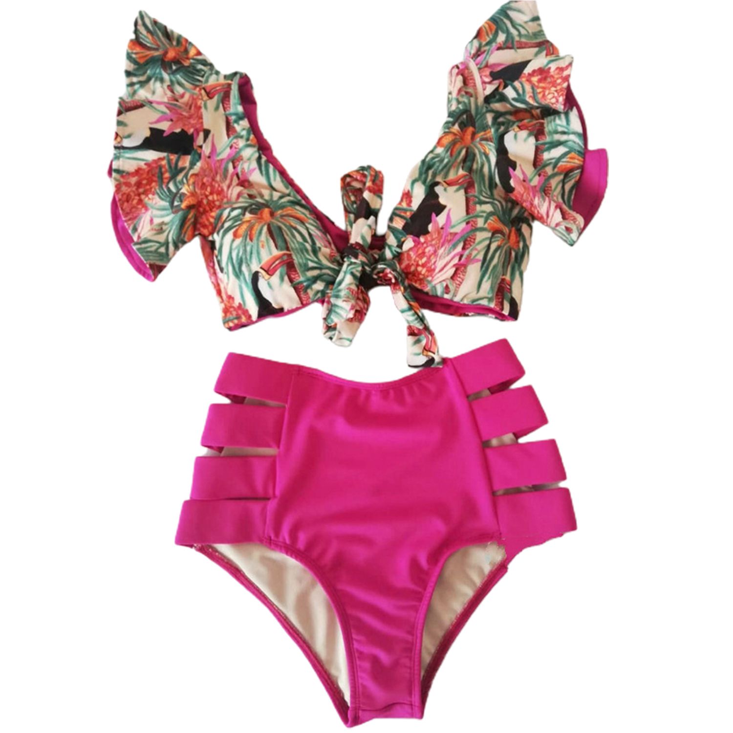 2Pcs/Set Swimsuit High Waist Ruffle Polyester Fiber Floral Ruffle Hem Women Bikini Set for Beach