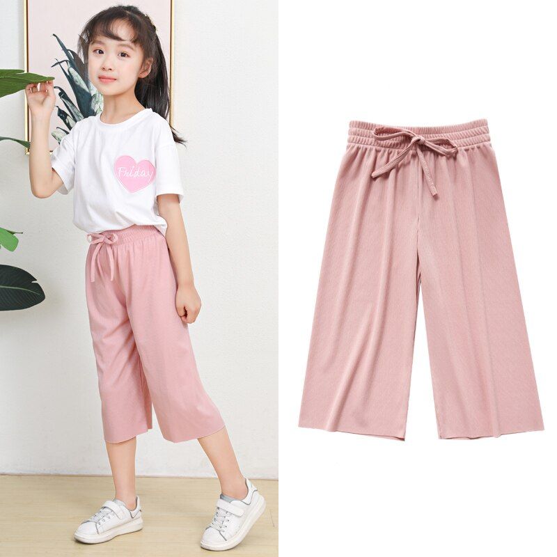 4-12 Years Children Girl Pants Loose Ice Silk Trousers Seven-point Pants Kids Bottom