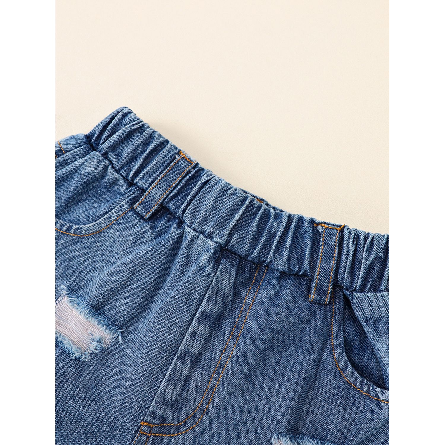 2Pcs Little Boys Outfit, Summer Toddlers Round Collar Short Sleeve Letter Tops + Casual Ripped Denim Shorts Set