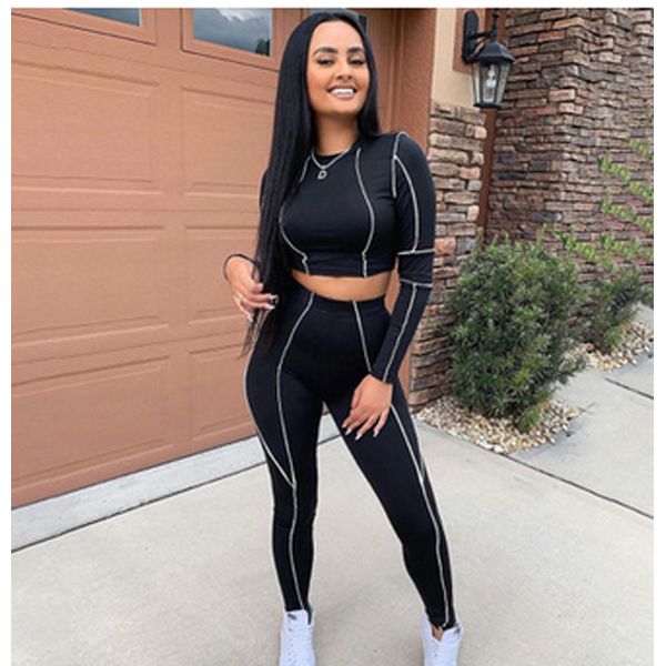 Women Casual 2-piece Outfit Set Long Sleeve Stripe Patchwork Top and Pants Set for Ladies