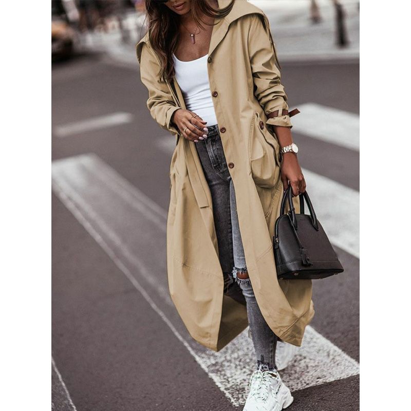 Fashion Fall /Autumn Casual Turn-down Collar Letter Print Button Front Belted Hem Trench Coat Chic Daily Female Windbreaker