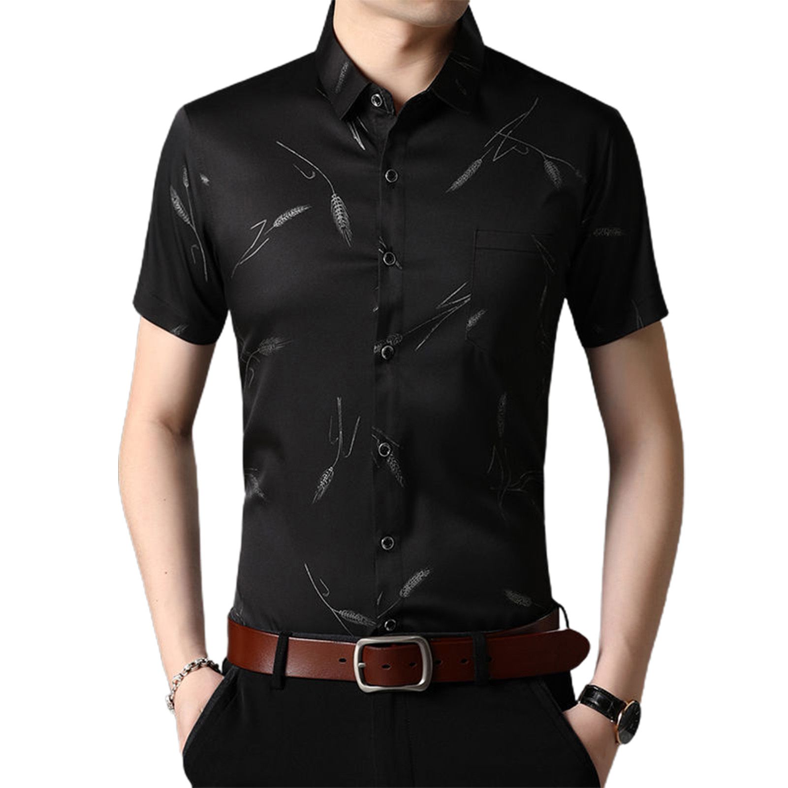 Men Shirt Buttons Pocket Wheat Pattern Polyester Short Sleeve Blouse for Holiday