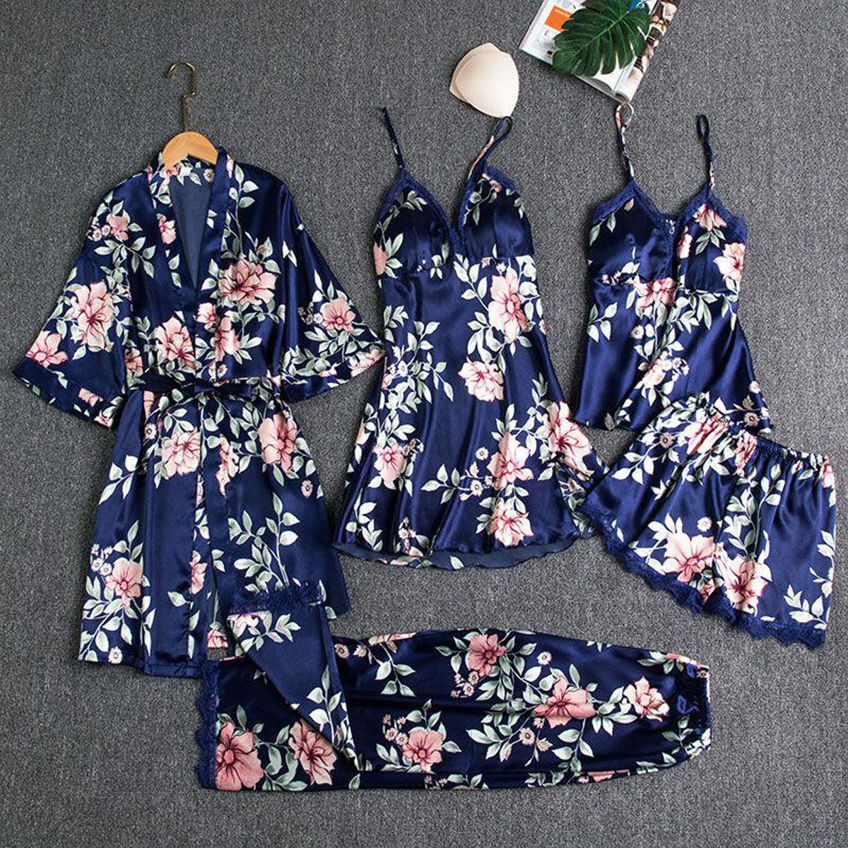 Sleepwear Female 5PCS Pajamas Set Satin Pyjamamas Lace Patchwork Bridal Wedding Nightwear Rayon Home Wear Nighty&Robe Suit