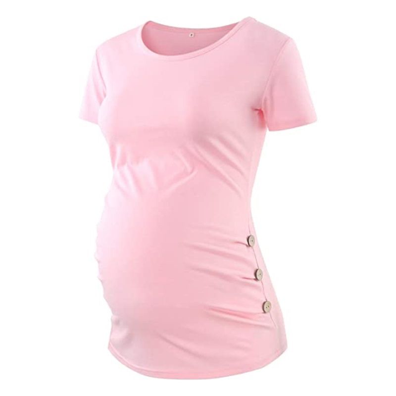 Maternity Short-sleeved T-shirt Side Buttons Pleated Top