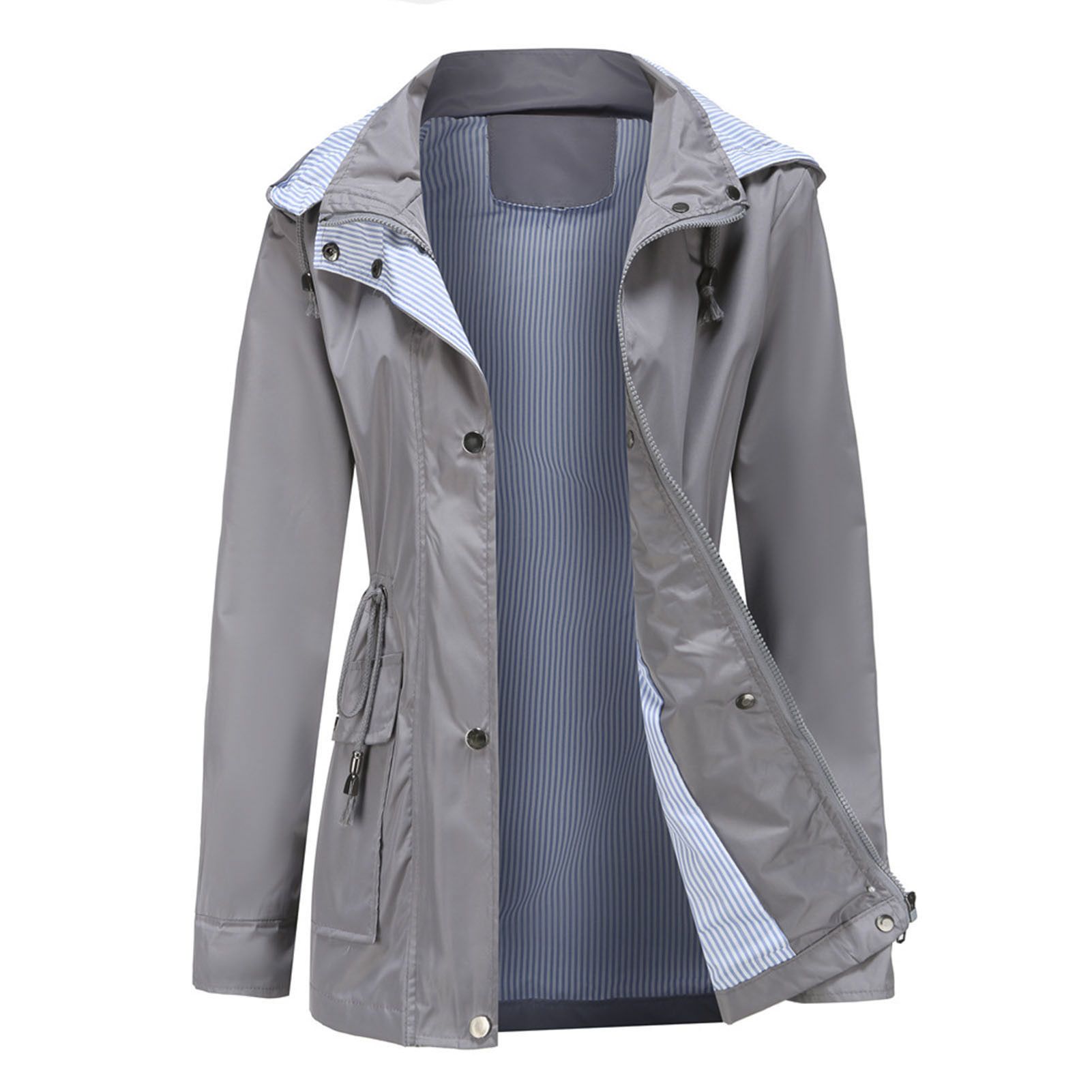 Women Windbreaker Buttons Detachable Hat Hand Pockets Casual Overcoat