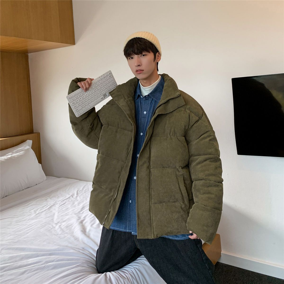 IEFB / men's wear cotton padded jacket men's Corduroy bread jacket loose big size stand collar zipper winter coat 9Y4140