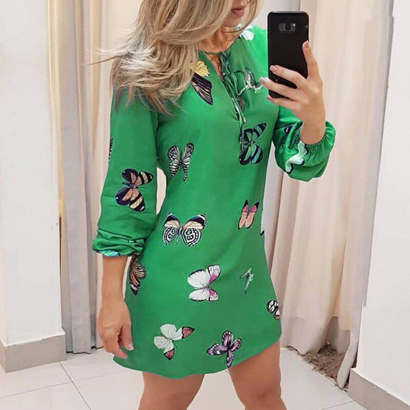 Sweet Butterfly print Women Dress Plus size Fashion Casual Lantern Sleeve V-Neck Thin Mini Dress New Autumn Dress Vestidos