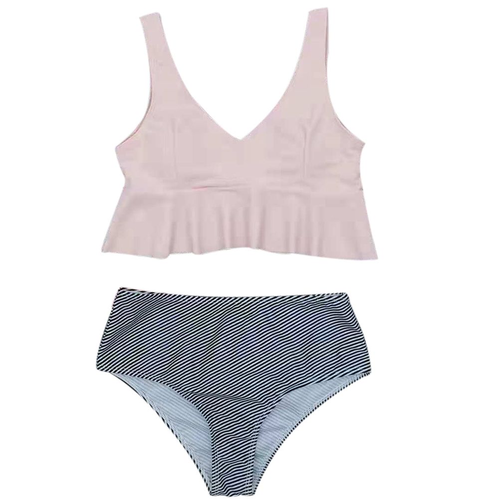 Women's Striped Bikini Female Split  Short Vest Top Floral Hem Beach 2 Pieces Swimsuit