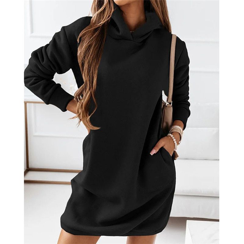 Autumn Casual Plus Size Solid Color Hooded Fashion Dresses Women Clothing 2021 Long Sleeve Tunic Office Lady Popular Streetwear