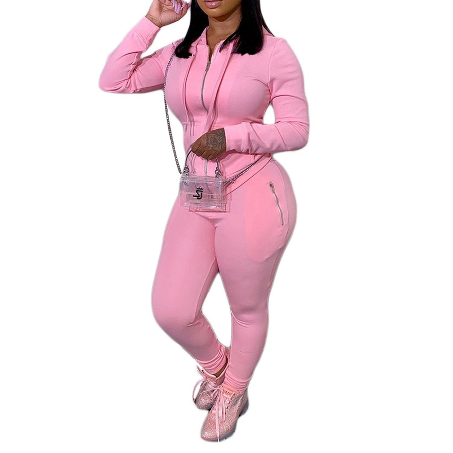 2021 2 Pcs Women Solid Color Outfits, Long Sleeve Drawstring Hooded Cardigan + Zipper Pocket Trousers