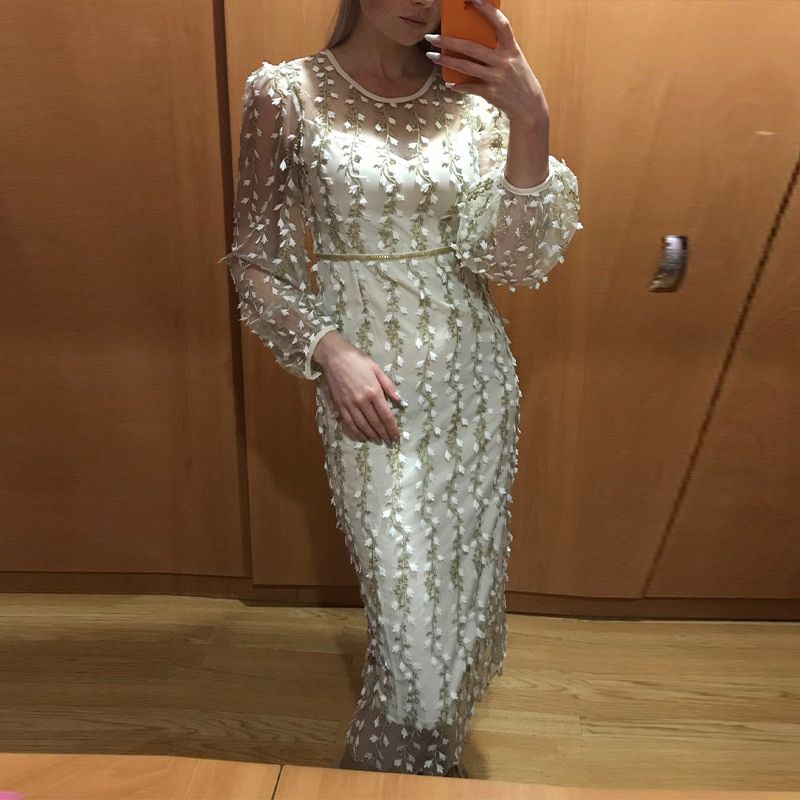 Embroidery Print Floral Mesh Women's Dress Long Sleeve O-neck Zipper Midi Dresses Female Summer Elegant Party Lady Vestidos