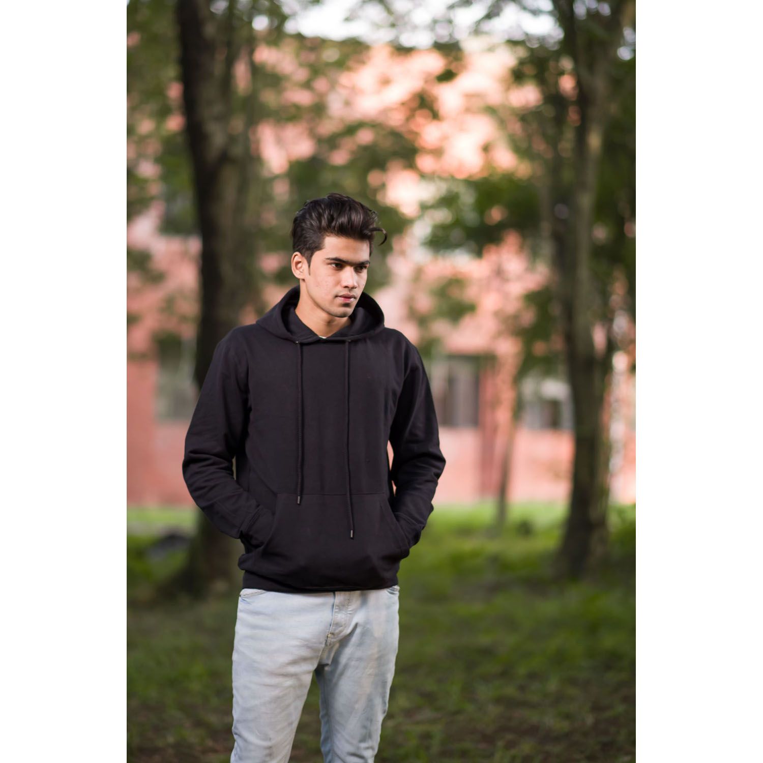 Black Plain Solid Color Hoodie For Men