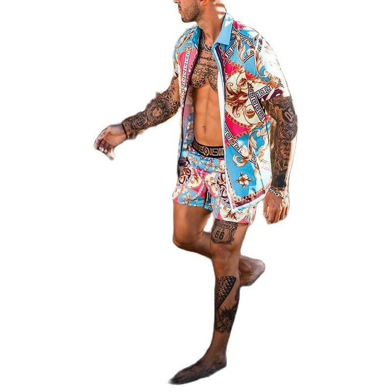 Men's Summer Large Hawaiian Beach Style Fashion Casual Matching Printed Shorts Quick Dry Short Sleeve Shirt Set
