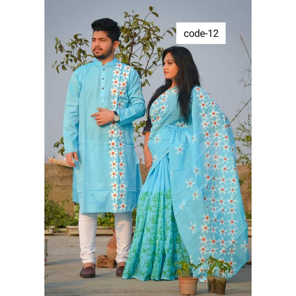 Exclusive Designer Half Silk Shuli Ful Saree and Dhupian Silk Panjabi Combo For Couple